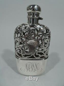 Ancien Flasque Art Nouveau BAR pour Femmes Américain Verre & Argent