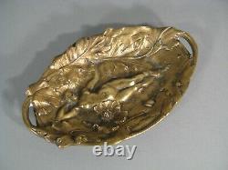 Ancien Grand Vide-poches Bronze Style Art Nouveau Decor Jeune Femme Nue Fleurs