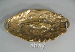 Ancien Grand Vide-poches Bronze Style Art Nouveau Decor Jeune Femme Nue Fleurs