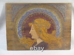 Ancien Tableau Panneau Profil De Femme Epoque Art Nouveau Travail Clous Et Cuir