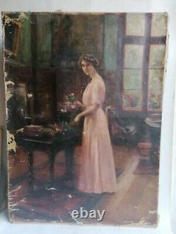 Ancien Tableau Peinture Huile Toile Ecole Hollandaise Portrait Femme Art Nouveau