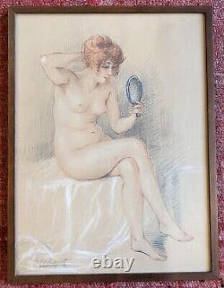 Ancien dessin début XX art nouveau signé Maliquait portrait femme tableau ancien