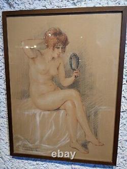 Ancien dessin début XX art nouveau signé Maliquait portrait femme tableau ancien