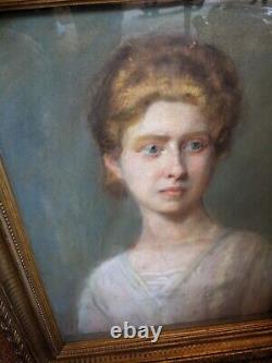 Ancien pastel tableau signé peinture portait femme cadre doré art nouveau déco