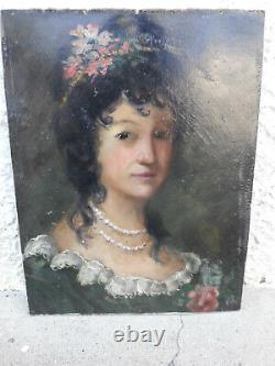 Ancien portrait femme peinture à l' huile tableau début XXe déco art nouveau
