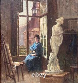 Ancien tableau art nouveau atelier école de Nancy portrait femme peintre Hoffman