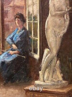 Ancien tableau art nouveau atelier école de Nancy portrait femme peintre Hoffman