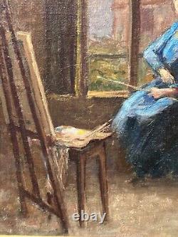 Ancien tableau art nouveau atelier école de Nancy portrait femme peintre Hoffman