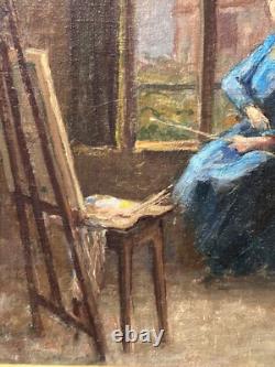 Ancien tableau art nouveau atelier école de Nancy portrait femme peintre Hoffman