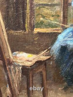 Ancien tableau art nouveau atelier école de Nancy portrait femme peintre Hoffman