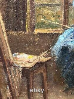 Ancien tableau art nouveau atelier école de Nancy portrait femme peintre Hoffman