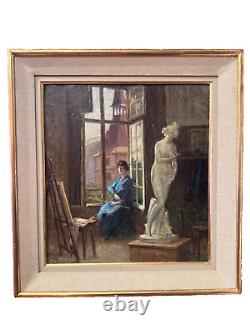 Ancien tableau art nouveau atelier école de Nancy portrait femme peintre Hoffman