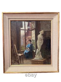 Ancien tableau art nouveau atelier école de Nancy portrait femme peintre Hoffman