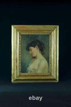 Ancien tableau art nouveau portrait de jeune femme profil nue J. F Galey Biarritz