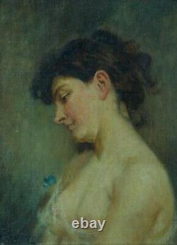 Ancien tableau art nouveau portrait de jeune femme profil nue J. F Galey Biarritz