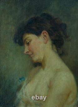 Ancien tableau art nouveau portrait de jeune femme profil nue J. F Galey Biarritz