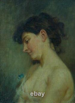 Ancien tableau art nouveau portrait de jeune femme profil nue J. F Galey Biarritz