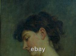 Ancien tableau art nouveau portrait de jeune femme profil nue J. F Galey Biarritz