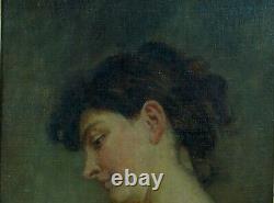 Ancien tableau art nouveau portrait de jeune femme profil nue J. F Galey Biarritz