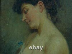 Ancien tableau art nouveau portrait de jeune femme profil nue J. F Galey Biarritz