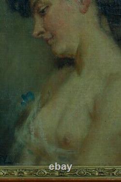 Ancien tableau art nouveau portrait de jeune femme profil nue J. F Galey Biarritz