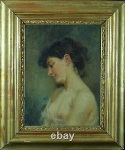 Ancien tableau art nouveau portrait de jeune femme profil nue J. F Galey Biarritz