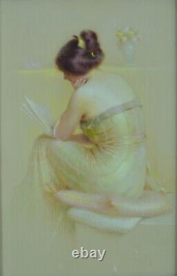 Ancien tableau portrait jeune femme lecture art nouveau Gaston Bouy pastel 1900