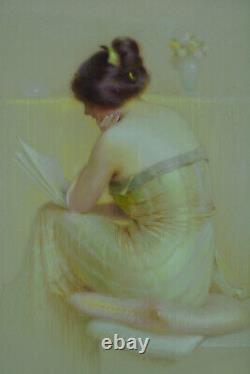 Ancien tableau portrait jeune femme lecture art nouveau Gaston Bouy pastel 1900