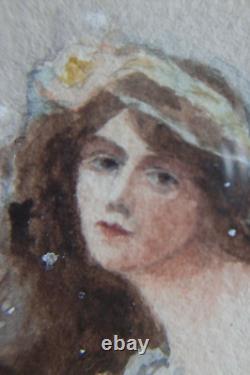 Ancienne AQUARELLE signée JULIA M CONVERT 1911. Femme Art Nouveau. No Mucha