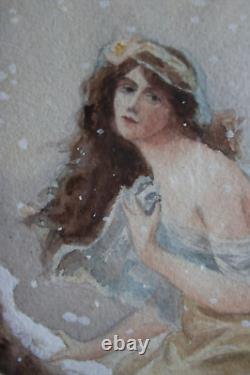 Ancienne AQUARELLE signée JULIA M CONVERT 1911. Femme Art Nouveau. No Mucha