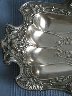 Ancienne Corbeille Coupe Plat Art Nouveau Tête femme métal argenté 1900