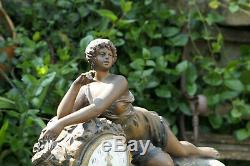 Ancienne Horloge Sculpture Femme Reveuse Regule Sur Marbre D'apres Guillemin