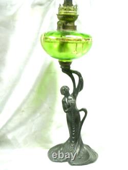 Ancienne Lampe Petrole Art Nouveau Bol Vert Emaille Statue Femme Oil Lamp