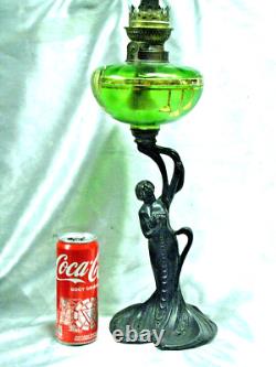 Ancienne Lampe Petrole Art Nouveau Bol Vert Emaille Statue Femme Oil Lamp