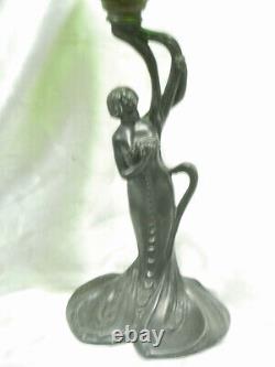 Ancienne Lampe Petrole Art Nouveau Bol Vert Emaille Statue Femme Oil Lamp