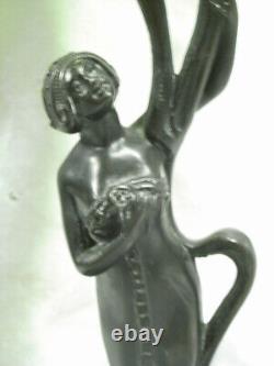 Ancienne Lampe Petrole Art Nouveau Bol Vert Emaille Statue Femme Oil Lamp