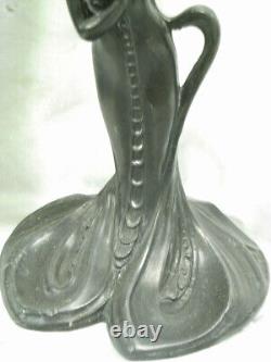 Ancienne Lampe Petrole Art Nouveau Bol Vert Emaille Statue Femme Oil Lamp