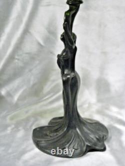 Ancienne Lampe Petrole Art Nouveau Bol Vert Emaille Statue Femme Oil Lamp