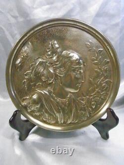 Ancienne Paire Plaque Bronze Medaillon Profil Femme Insecte Abeille Art Nouveau