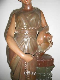 Ancienne Statue Terre Cuite Polychrome Art Nouveau 1900 Femme A La Cruche XIX Em
