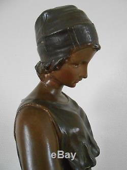 Ancienne Statue Terre Cuite Polychrome Art Nouveau 1900 Femme A La Cruche XIX Em
