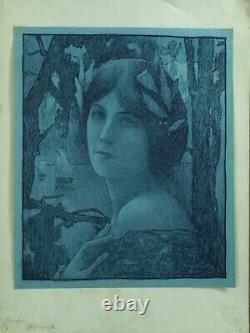 Ancienne estampe Symboliste Art Nouveau portrait jeune femme Henri Guinier Mucha