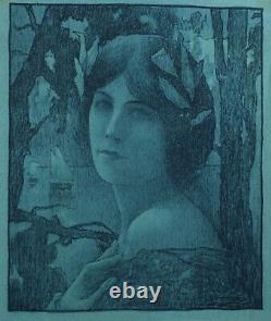 Ancienne estampe Symboliste Art Nouveau portrait jeune femme Henri Guinier Mucha