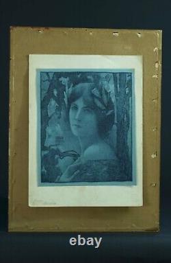 Ancienne estampe Symboliste Art Nouveau portrait jeune femme Henri Guinier Mucha