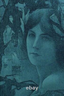 Ancienne estampe Symboliste Art Nouveau portrait jeune femme Henri Guinier Mucha