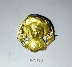 Ancienne et RARE Broche Art Nouveau Emile Dropsy or 18K 750° Jeune Femme