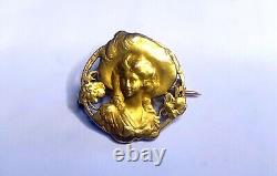 Ancienne et RARE Broche Art Nouveau Emile Dropsy or 18K 750° Jeune Femme