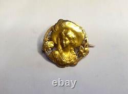 Ancienne et RARE Broche Art Nouveau Emile Dropsy or 18K 750° Jeune Femme