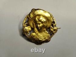 Ancienne et RARE Broche Art Nouveau Emile Dropsy or 18K 750° Jeune Femme