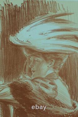 Ancienne lithographie portrait Jeune femme élégante costume art nouveau L VALLET